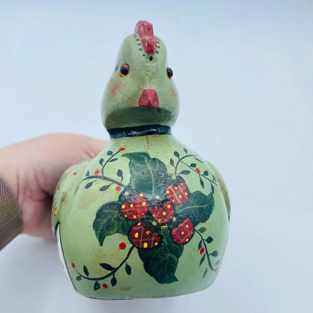 Vintage 1984 Hand Painted Wood 6” Hen Duck Decoy Planter Bowl Folk Art Signed M